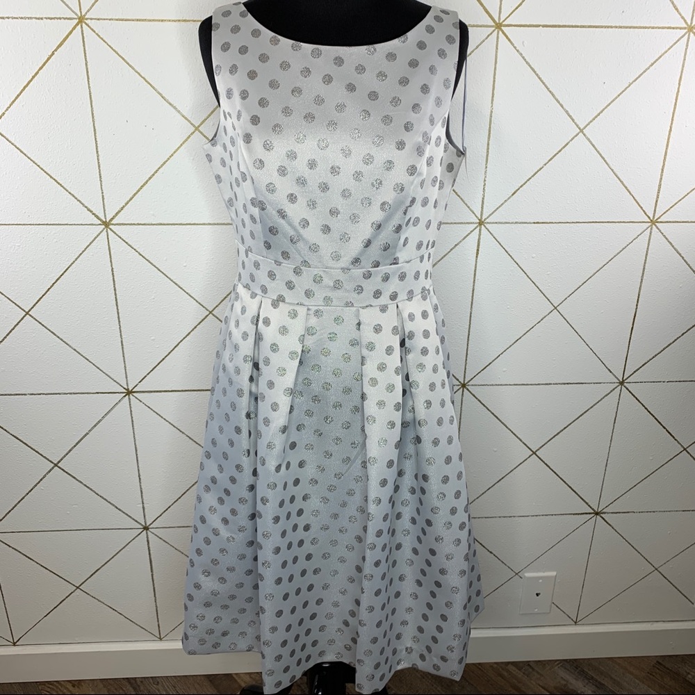 Eliza J Polka Dot Silver Metallic/ Gray Dress 6